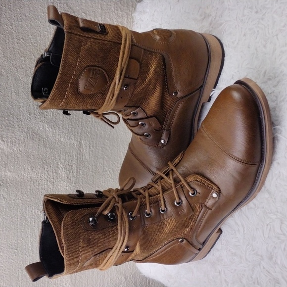 J75 by Jump Deploy Brown Faux Leather Canvas Round Cap Toe Lace Up Combat Boot - Picture 1 of 16